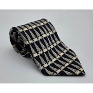 LANVIN PARIS Silk Necktie Geometric Pattern Black Cream Mens Fashion Accessory